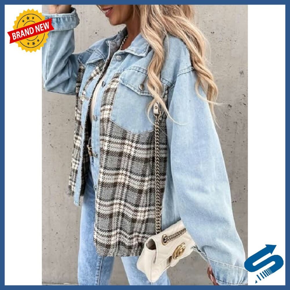 Oversized Denim Plaid Shacket Button Down Long Sleeve Distressed Jacket - Picture 6 of 8